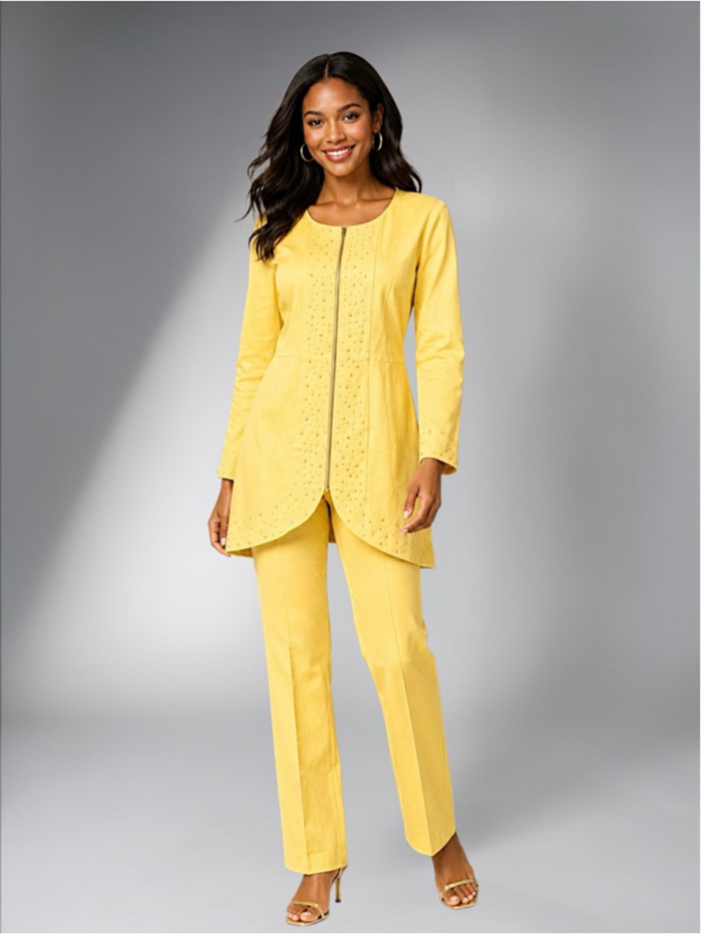 New Midnight Velvet Nikole Yellow Twill Denim Embellished Pant Suit – Size 16